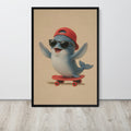 A framed vertical ocean nursery wall art print featuring a blue cartoon whale wearing a red cap, black sunglasses, and riding a red skateboard against a beige textured background, displayed on a light gray wall above a wood floor.