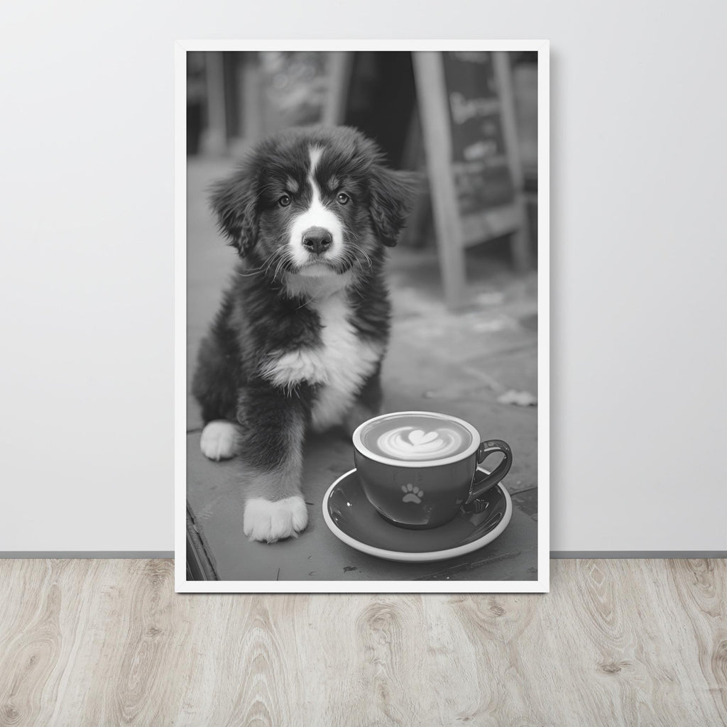 Bernese Mountain Dog Black & White Print hanging as puppy print decor with a black white prints look