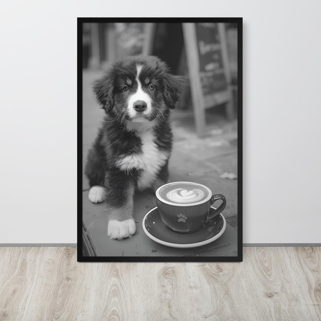 Bernese Mountain Dog Black & White Print displayed in a modern room, ideal black white photo accent for monochrome puppy art