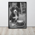Bernese Mountain Dog Black & White Print displayed in a modern room, ideal black white photo accent for monochrome puppy art