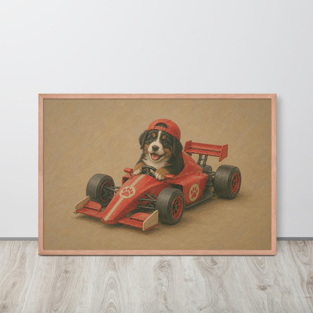 Bernese Mountain Dog Racing Car Wall Art displayed in a modern room, ideal f1 nursery accent for puppy dog