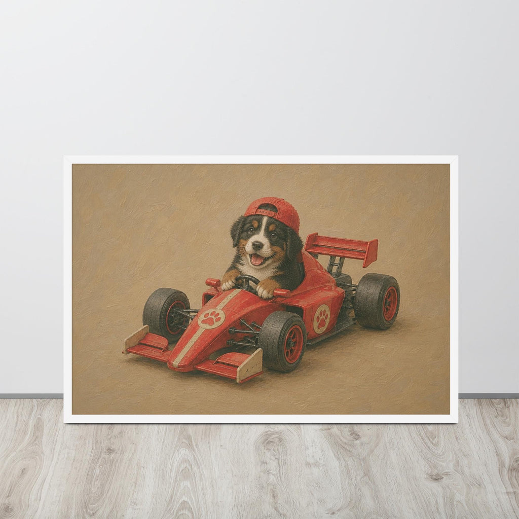 A framed nursery wall art print featuring a Bernese mountain dog driving a red formula one race car, perfect F1 nursery decor.