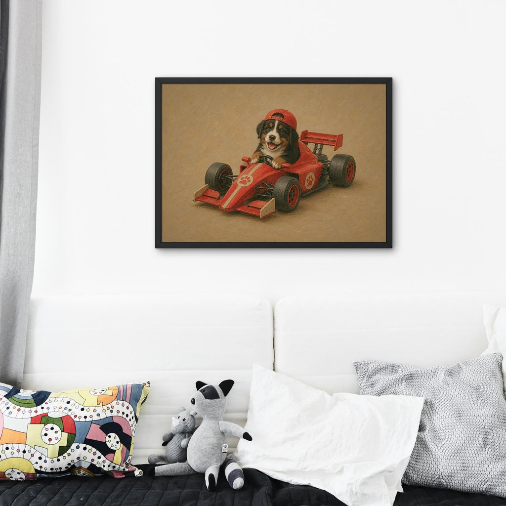 Bernese Mountain Dog Racing Car Wall Art featuring bernese dog art, perfect f1 wall art for home decor
