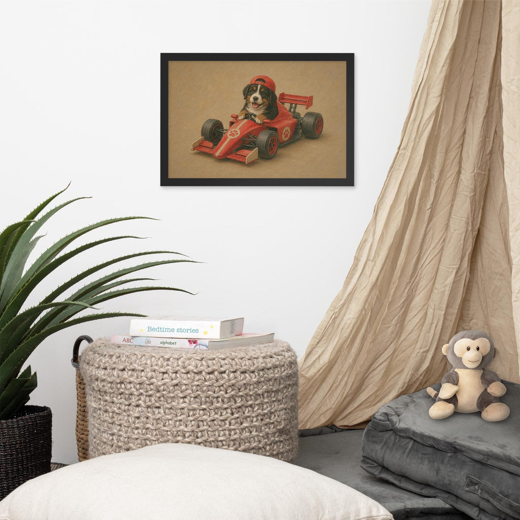 Bernese Mountain Dog Racing Car Wall Art styled on a wall, blending bernese mountain dog and formula one nursery inspiration