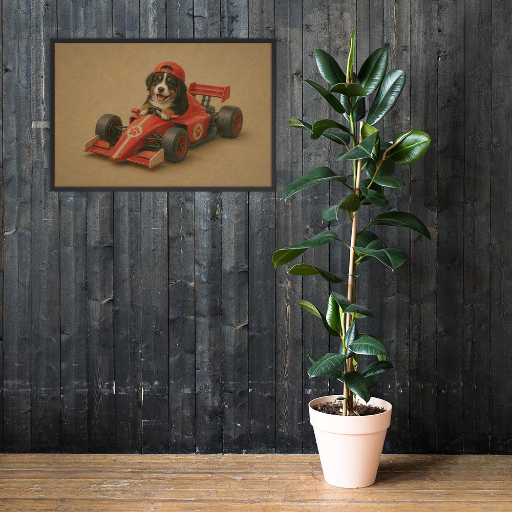 Bernese Mountain Dog Racing Car Wall Art showcasing cute animal print, a great pick for kids animal art lovers