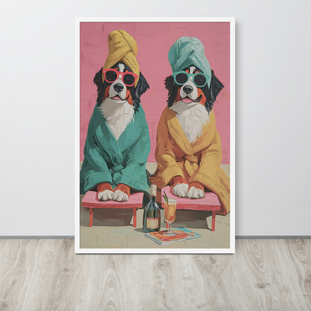 Funny toilet wall art print featuring a stylized illustration of two Bernese mountain dogs in bathrobes and towels sitting on pink chaise lounges against a pink background, displayed leaning against a light gray wall on a light wood floor.