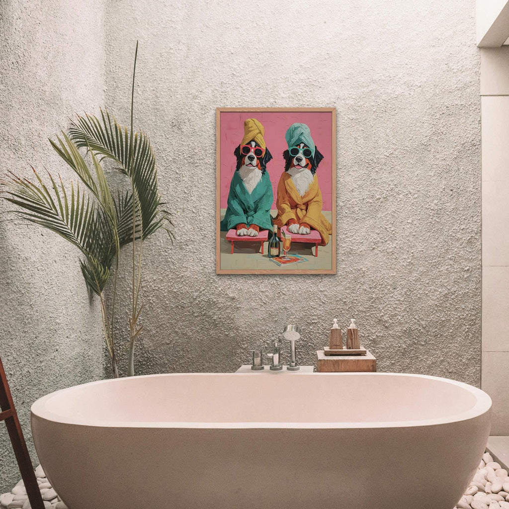 Bernese Mountain Dog Spa Wall Art styled on a wall, blending bernese dog print and funny bernese dog inspiration
