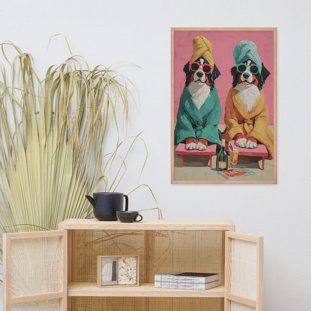 Bernese Mountain Dog Spa Wall Art mockup highlighting bernese mountain dog and funny dog print style