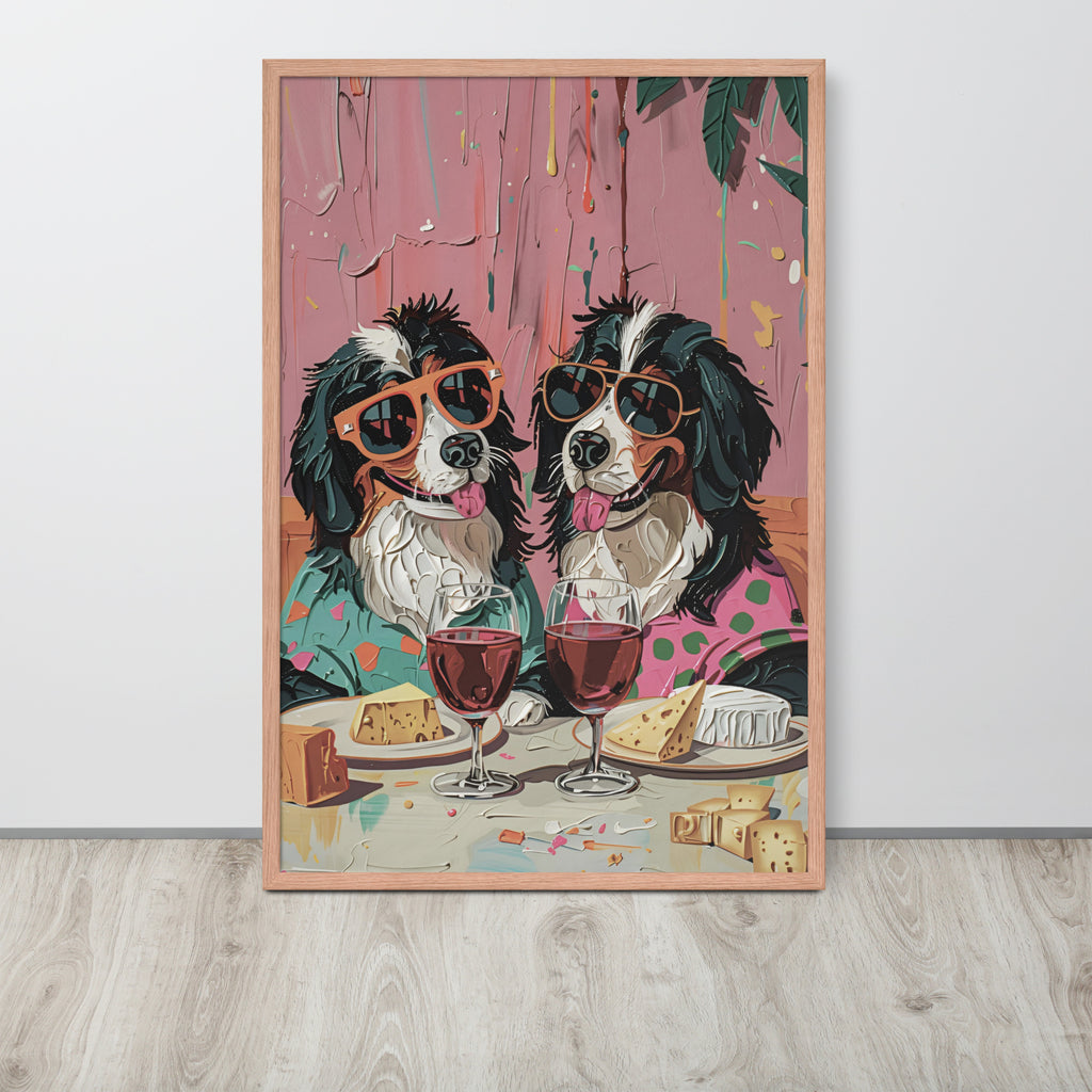 Dog kitchen art print featuring a whimsical illustration of two Bernese mountain dogs wearing sunglasses and drinking wine, displayed on a light wall above a light wood floor.