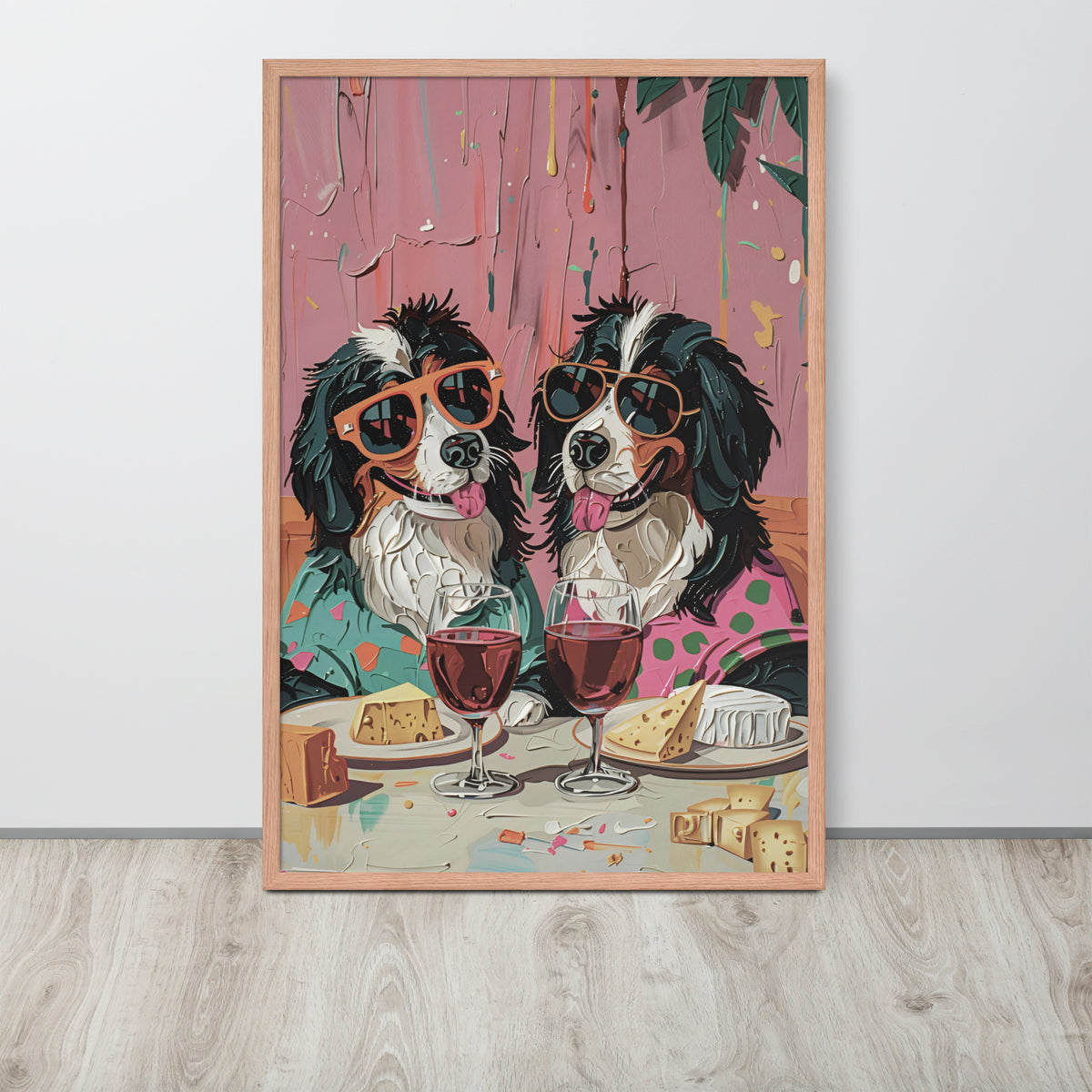 Dog kitchen art print featuring a whimsical illustration of two Bernese mountain dogs wearing sunglasses and drinking wine, displayed on a light wall above a light wood floor.