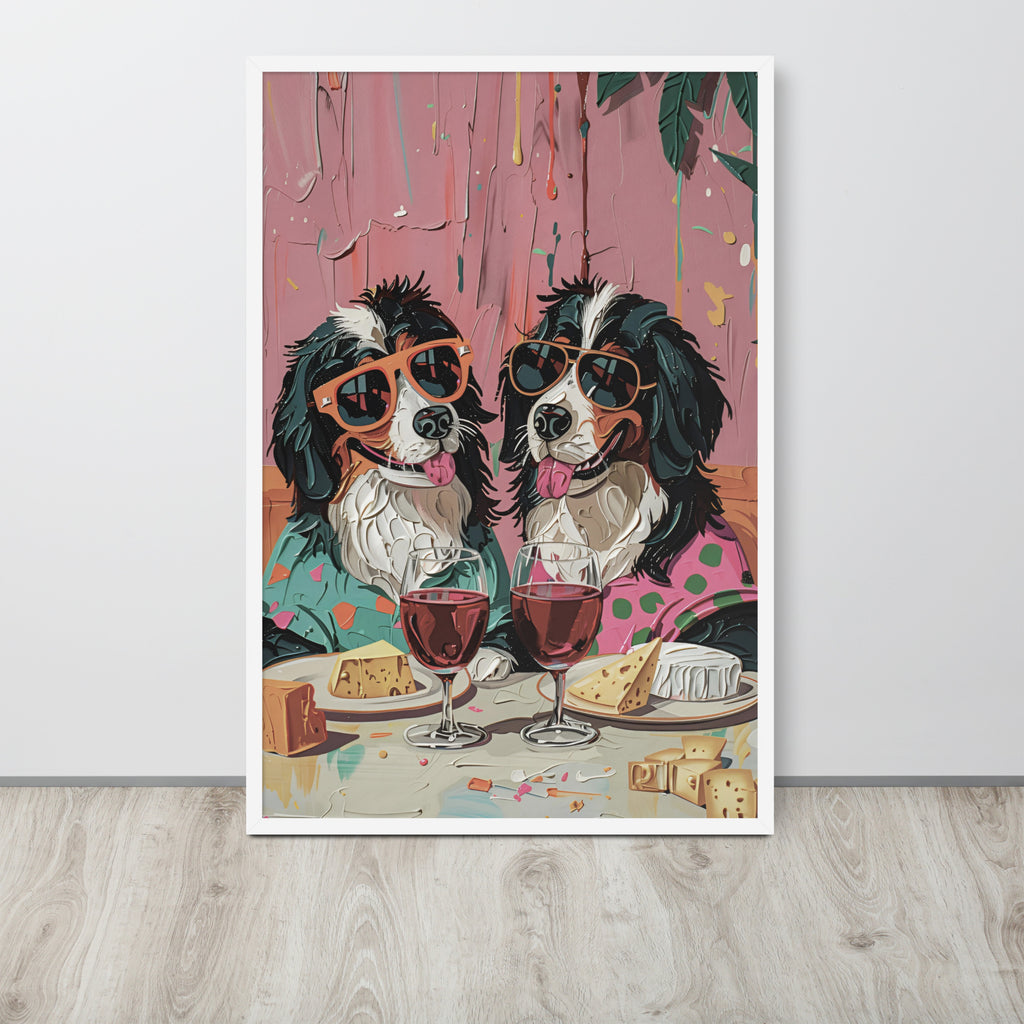 Dog dining room art print leaning against a light wall on a light wood floor. The print shows two Bernese mountain dogs wearing sunglasses and sitting at a table with wine glasses, cheese, and candy against a pink textured background.