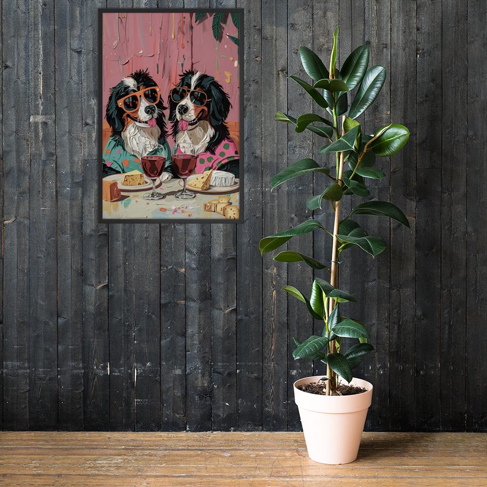 Bernese Mountain Dog Oil Painting Style Wall Art mockup highlighting bernese dog poster and dog wine and cheese style