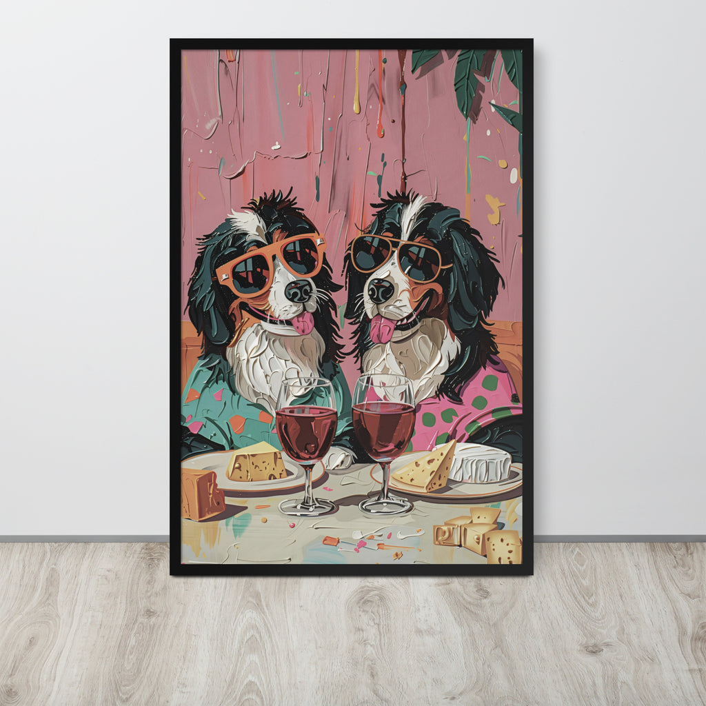 Funny Bernese mountain dog art print featuring a colourful illustration of two Bernese mountain dogs wearing sunglasses and drinking red wine, displayed on a light wall above a light wood floor.