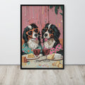Funny Bernese mountain dog art print featuring a colourful illustration of two Bernese mountain dogs wearing sunglasses and drinking red wine, displayed on a light wall above a light wood floor.