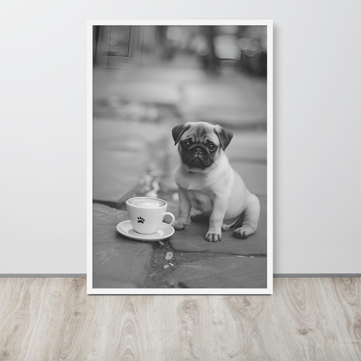 Pug Black & White Print hanging as puppy print decor with a fine art photography look