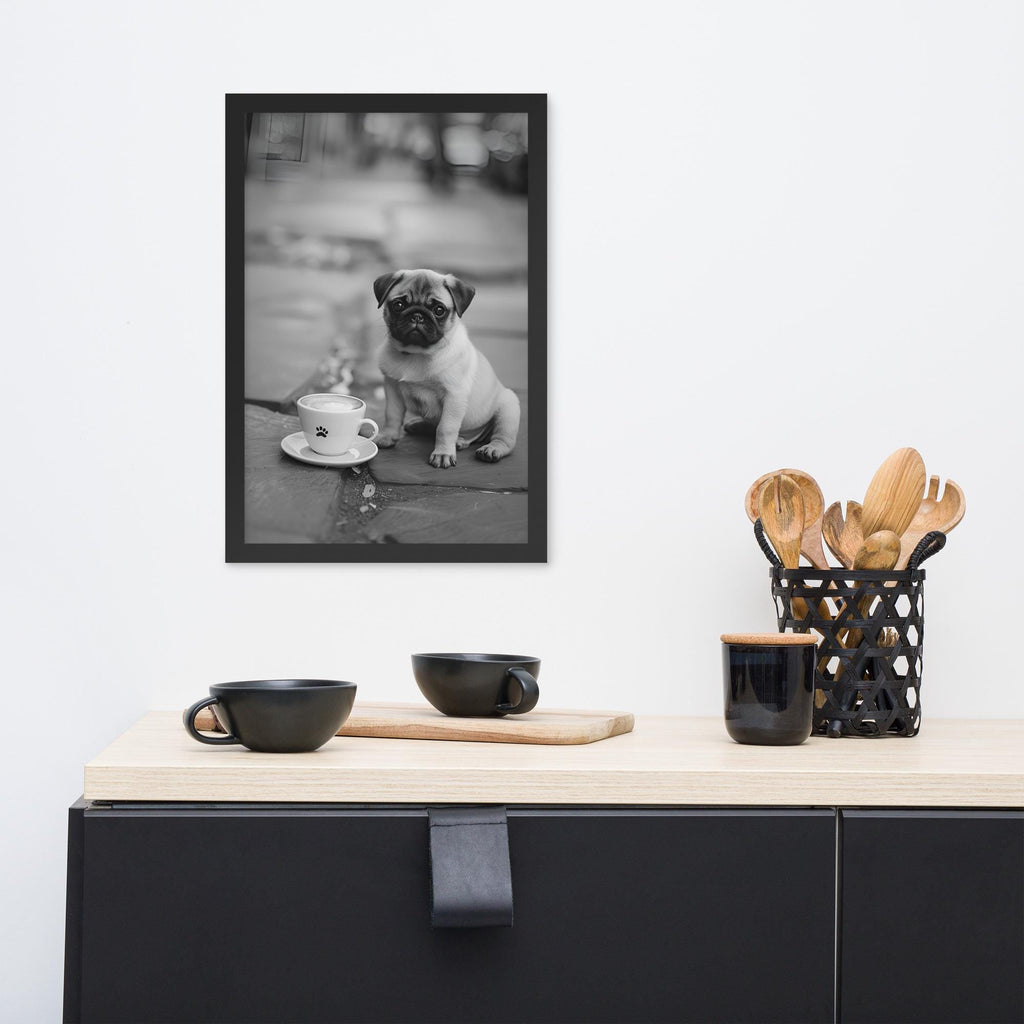 Pug Black & White Print styled on a wall, blending black and white dog and minimalist dog art inspiration