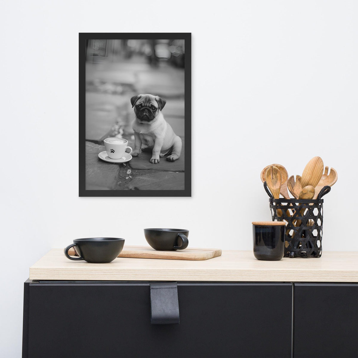 Pug Black & White Print styled on a wall, blending black and white dog and minimalist dog art inspiration