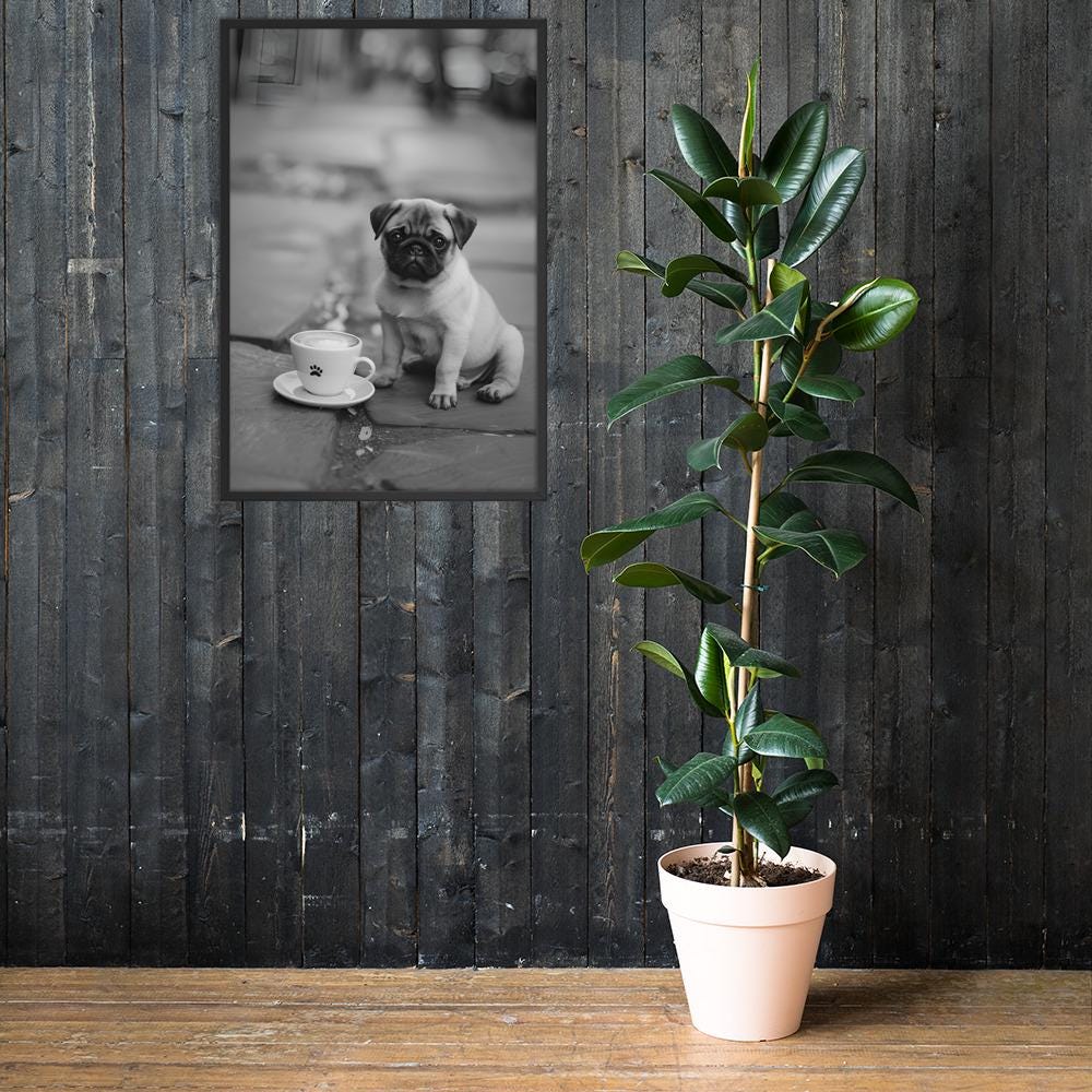 Pug Black & White Print mockup highlighting black white poster and pug poster style