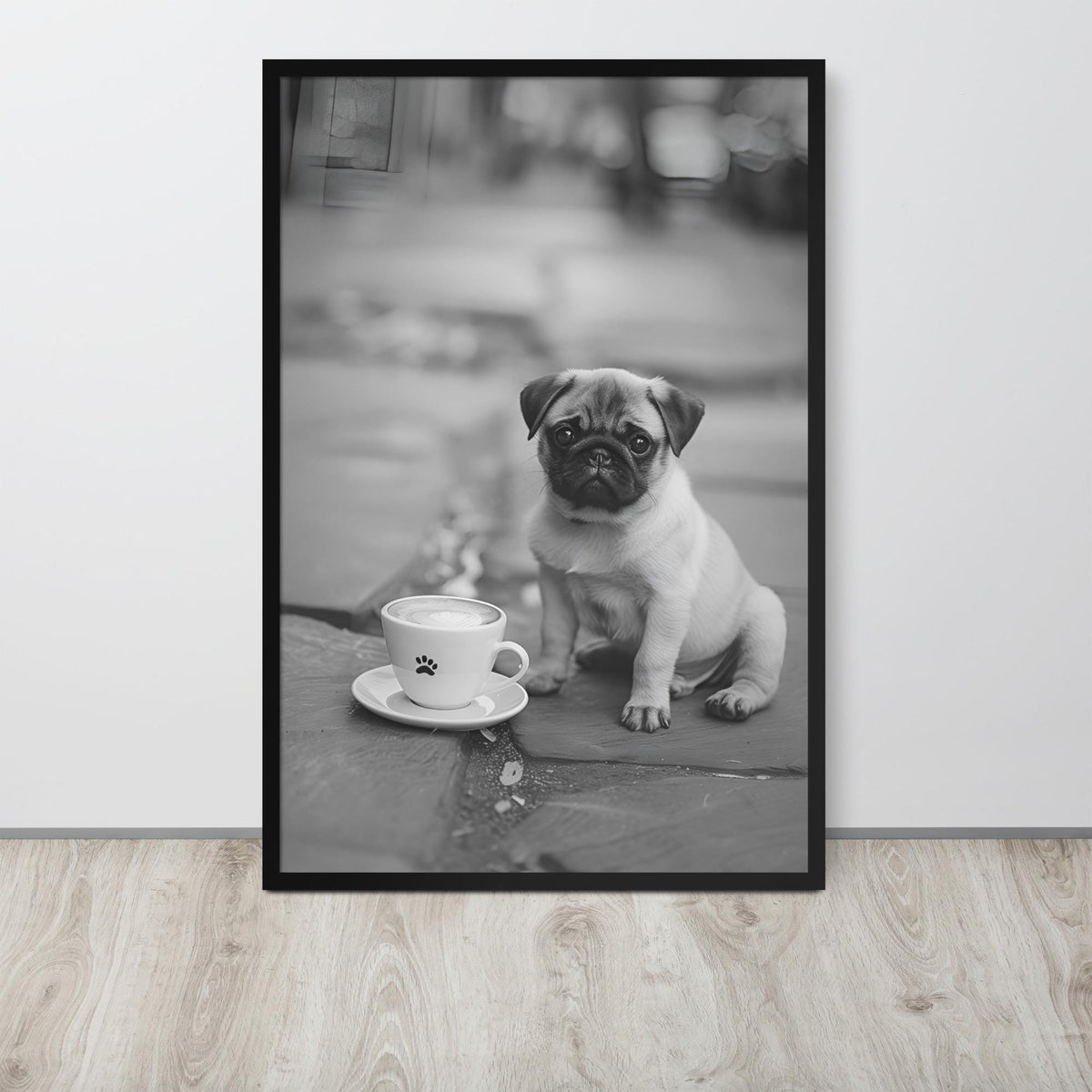 Pug Black & White Print displayed in a modern room, ideal black white prints accent for pug print