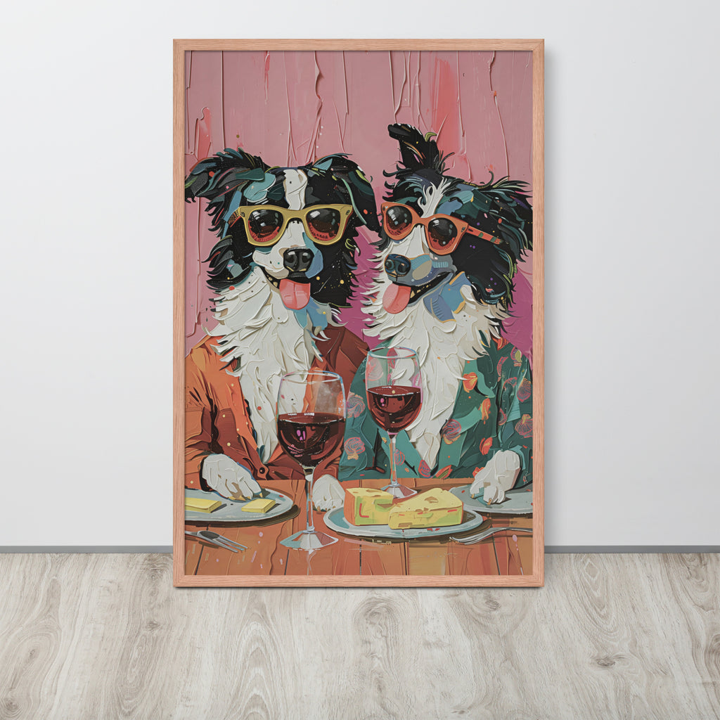 Wine bar wall art print depicting two Border Collie dogs in sunglasses sitting at a table with wine and cheese, leaning against a white wall on a light wood floor.