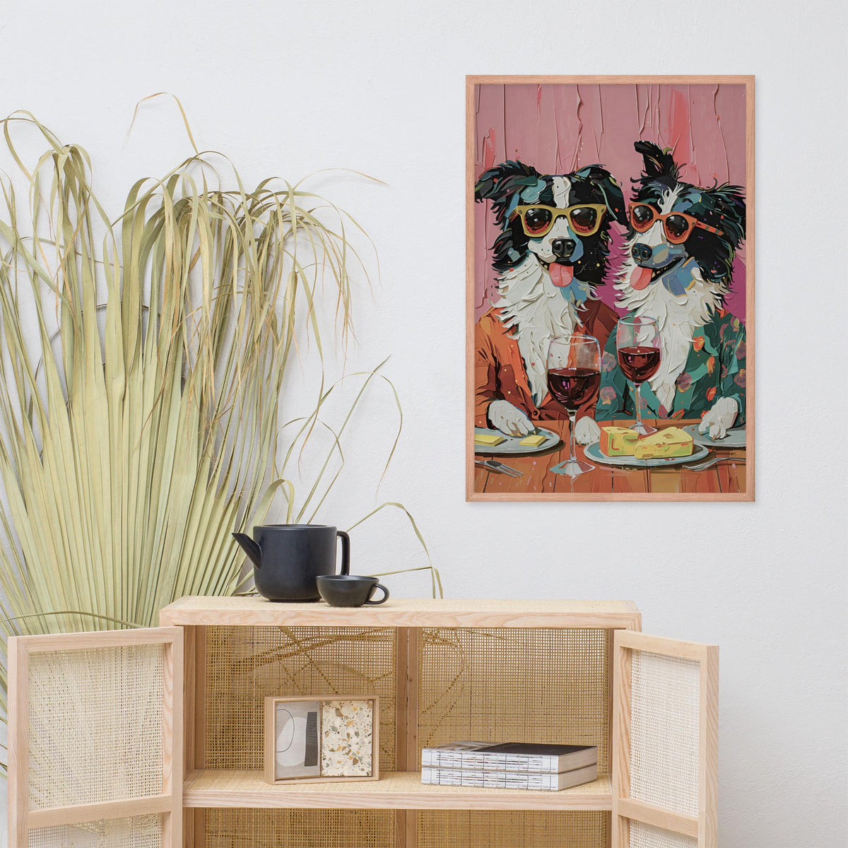 Border Collie Oil Painting Style Wall Art displayed in a modern room, ideal collie oil painting accent for funny dog print