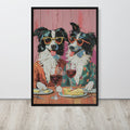 Dog home bar art print depicting two border collie dogs in sunglasses sitting at a table with wine and cheese, displayed on a light wood floor against a white wall.