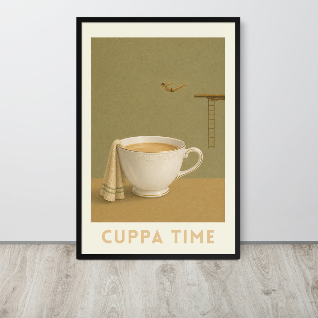 British tea art print featuring a vintage-style illustration of a teacup with the words 'CUPPA TIME' at the bottom.  diver is mid-flight diving towards the cup which has a towel draping over the side.
