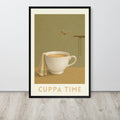 British tea art print featuring a vintage-style illustration of a teacup with the words 'CUPPA TIME' at the bottom.  diver is mid-flight diving towards the cup which has a towel draping over the side.