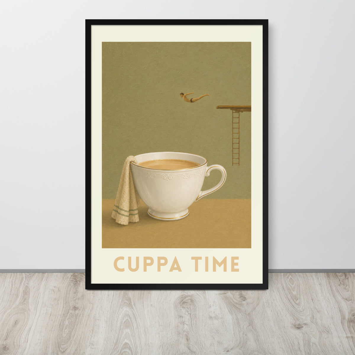 British tea art print featuring a vintage-style illustration of a teacup with the words 'CUPPA TIME' at the bottom.  diver is mid-flight diving towards the cup which has a towel draping over the side.