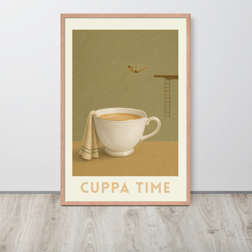 Art print titled 'CUPPA TIME'. The print features a vintage-style illustration of a white teacup filled with tea, a cream towel draped over the side, a small diver, and a ladder against an olive-green background.