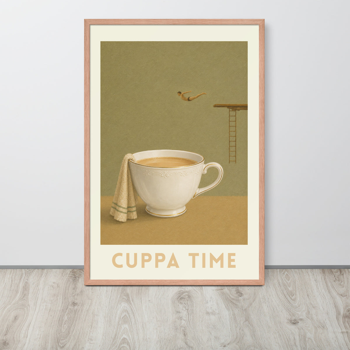 Art print titled 'CUPPA TIME'. The print features a vintage-style illustration of a white teacup filled with tea, a cream towel draped over the side, a small diver, and a ladder against an olive-green background.