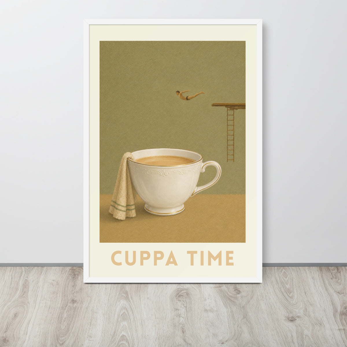 British tea print features a vintage-style illustration of a white teacup filled with tea on a tan surface, with the words 'CUPPA TIME' printed below in a warm beige tone.