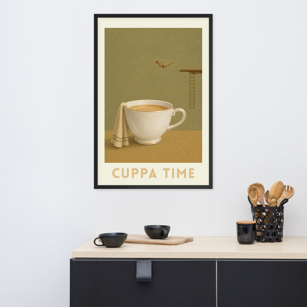 British tea poster featuring an illustration of a vintage white teacup and a small diver mid-flight diving towards the cup with a towel.