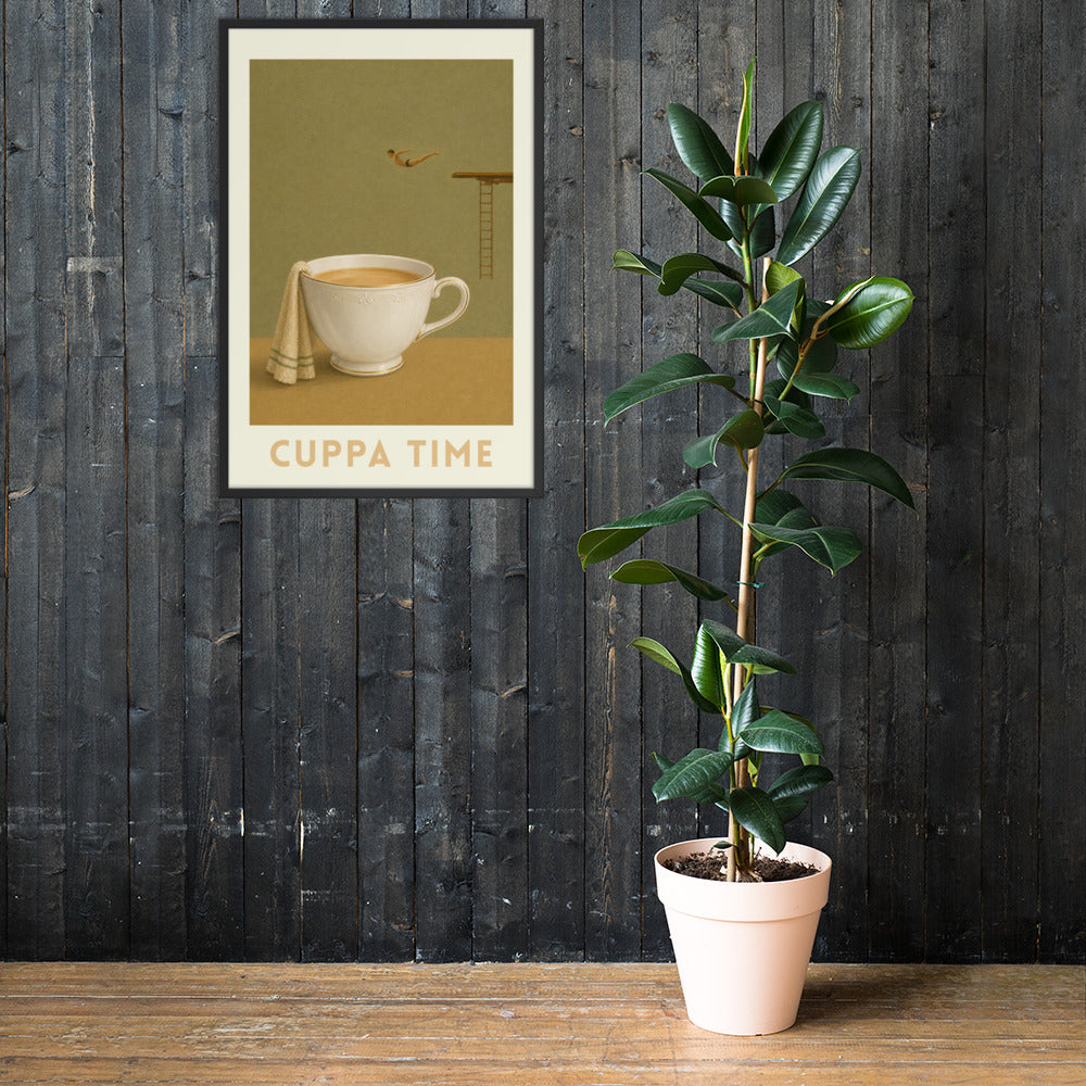 Vintage-style poster reading 'CUPPA TIME'. The poster shows a cup of tea with a towel draping over the side, and an elegant diver mid-flight diving towards the cup.