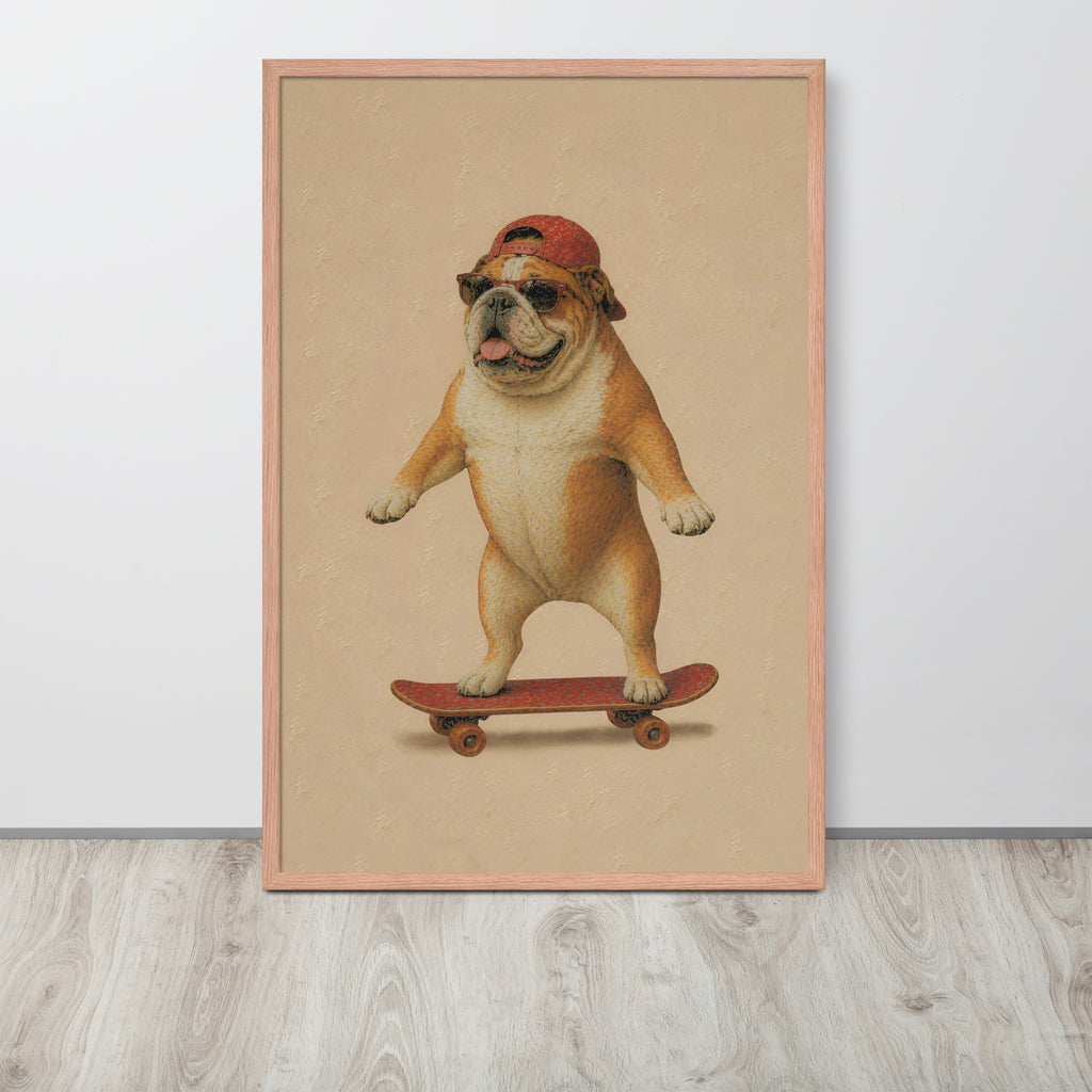 Funny bulldog nursery poster print featuring a cartoon bulldog wearing a red cap and sunglasses while balancing on a skateboard, displayed against a light gray wall on a light wood floor.