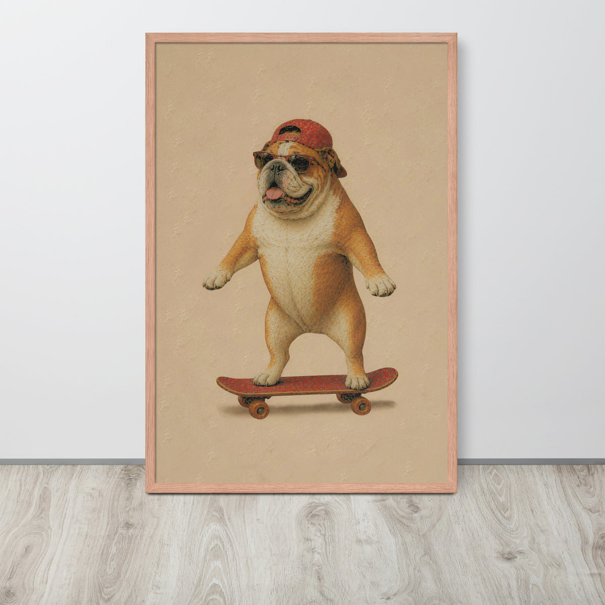 Funny bulldog nursery poster print featuring a cartoon bulldog wearing a red cap and sunglasses while balancing on a skateboard, displayed against a light gray wall on a light wood floor.
