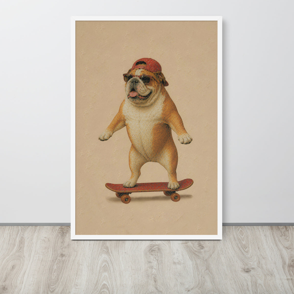 British bulldog nursery wall art print featuring an illustration of an English Bulldog balancing on a skateboard, displayed against a light gray wall on a light wood floor.
