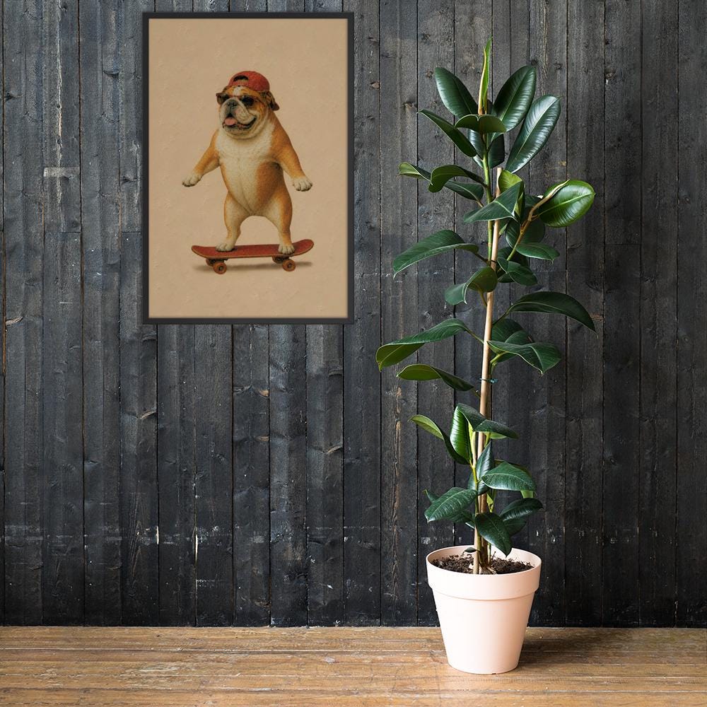 Bulldog Dog Skateboard Wall Art mockup highlighting bulldog print and minimalist dog art style
