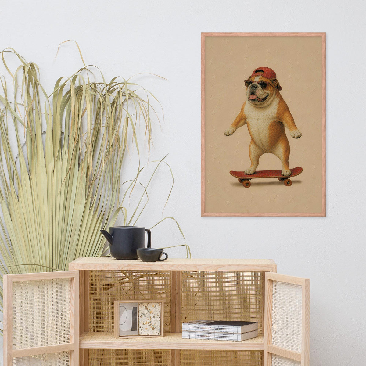Bulldog Dog Skateboard Wall Art displayed in a modern room, ideal cozy animal decor accent for mothers day gift