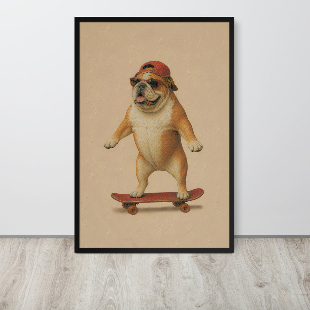 Bulldog nursery wall art print featuring a cartoon-style bulldog wearing a red cap and sunglasses while balancing on a skateboard, displayed against a light gray wall on a light wood floor.