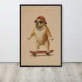 Bulldog nursery wall art print featuring a cartoon-style bulldog wearing a red cap and sunglasses while balancing on a skateboard, displayed against a light gray wall on a light wood floor.