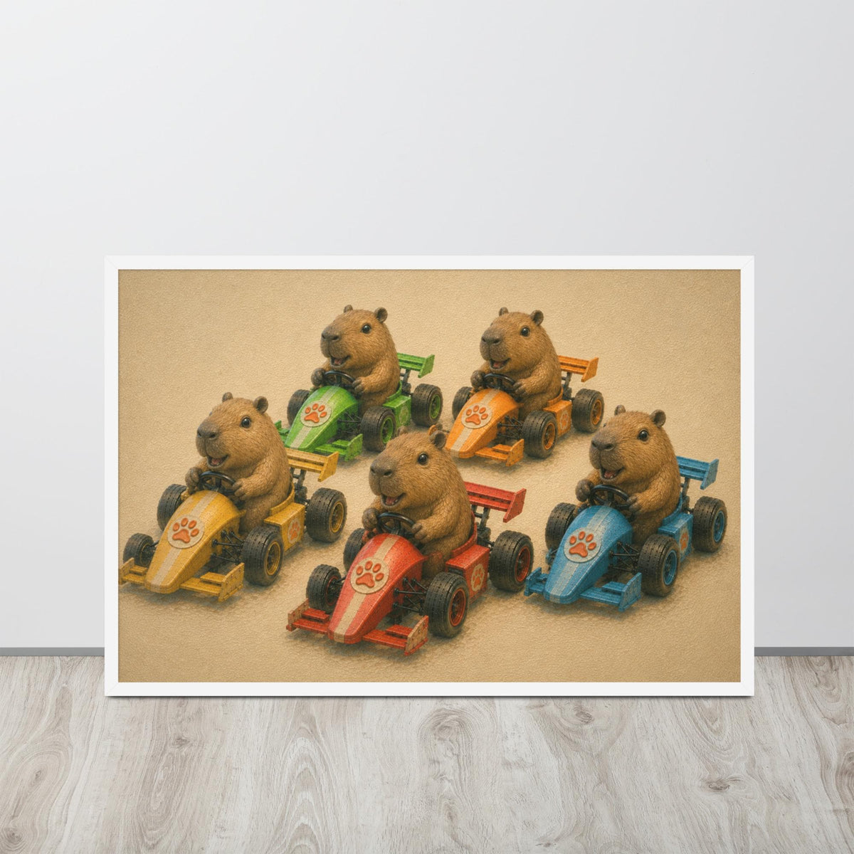 Capybara Race Car Nursery Wall Art mockup highlighting capybara gifts and f1 baby nursery style