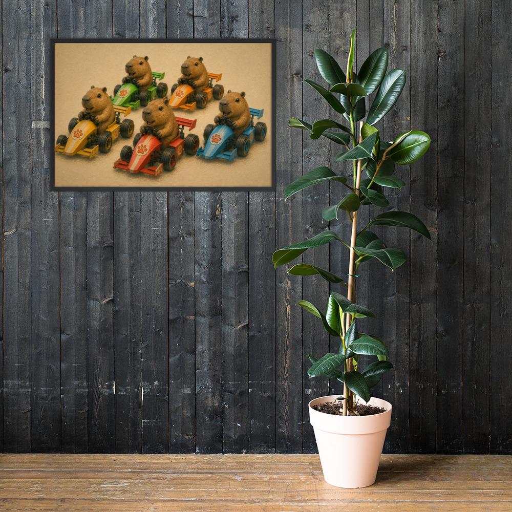 Capybara Race Car Nursery Wall Art styled on a wall, blending capybara bathroom and capybara wall art inspiration