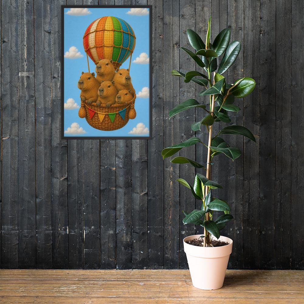Capybaras Hot Air Balloon Nursery Wall Art styled on a wall, blending balloon nursery art and capybara nursery inspiration