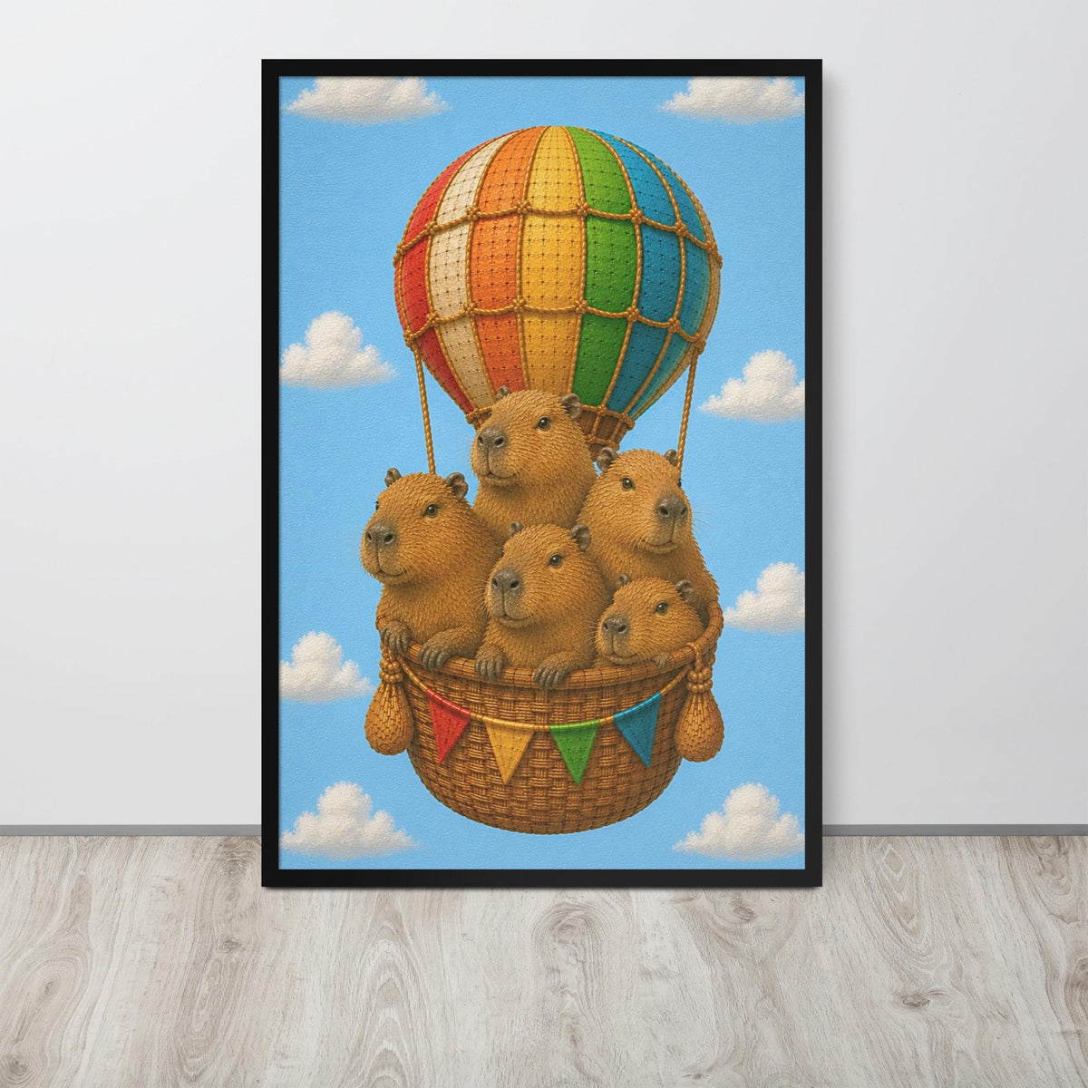 Capybaras Hot Air Balloon Nursery Wall Art mockup highlighting capybara art and capybara print style