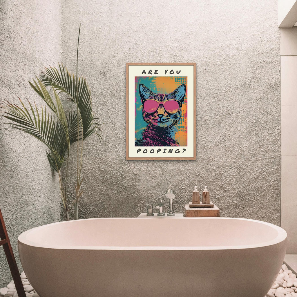 Cat Bathroom Pop Art Print featuring are you pooping art, perfect funny bathroom decor for home decor
