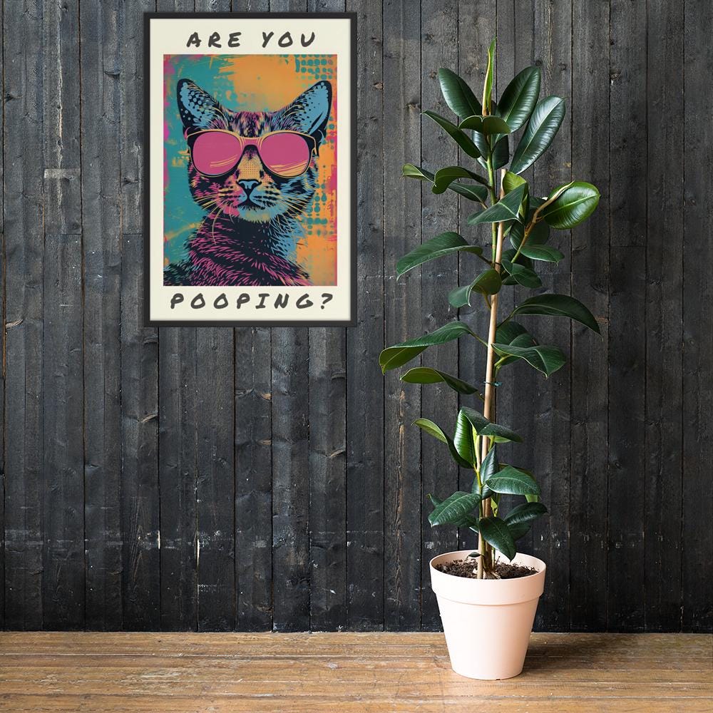 Cat Bathroom Pop Art Print styled on a wall, blending cat bathroom art and funny cat bathroom inspiration