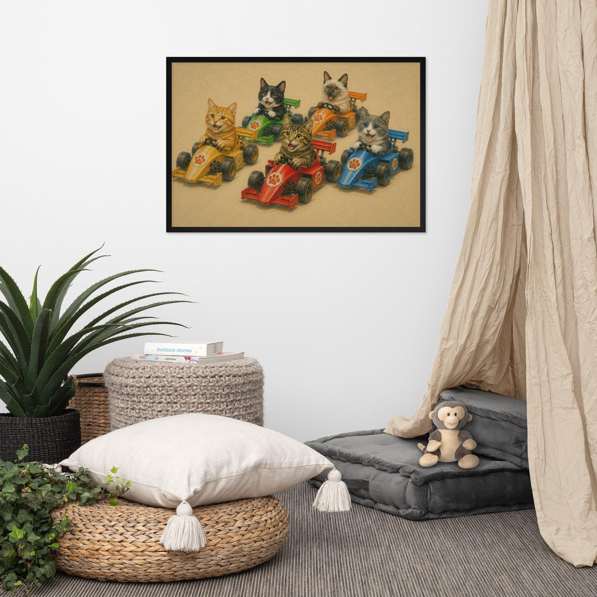 Cats Race Car Nursery Wall Art styled on a wall, blending cat nursery and kids wall art inspiration