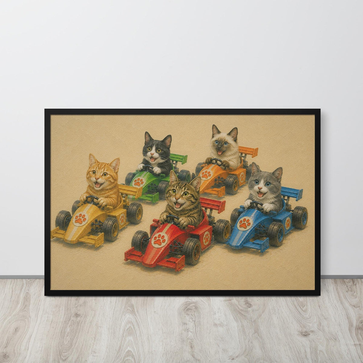 Cats Race Car Nursery Wall Art mockup highlighting cat wall art and racing nursery print style