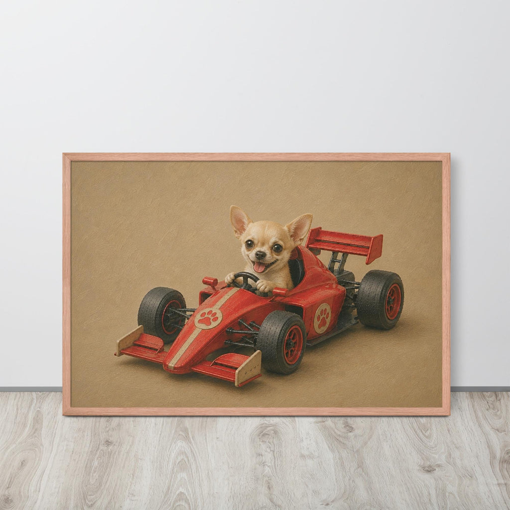 A framed chihuahua do wall art print featuring a small chihuahua dog sitting in a red race car, displayed on a light wood floor against a white wall.
